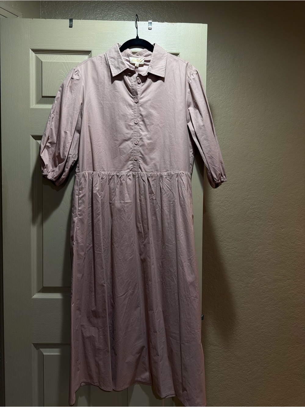 Blush Pink Button-Down Midi Dress with Puff Sleeves